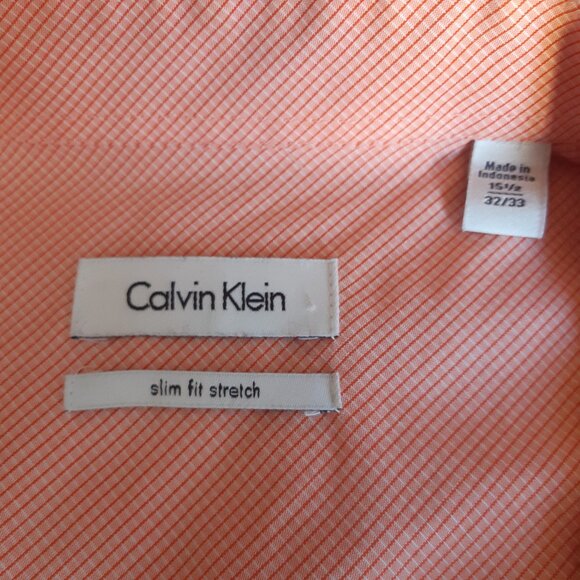 Calvin Klein SZ 15.5 Slim Fit Stretch Orange & White Check Men's Button Up Shirt - Picture 4 of 14